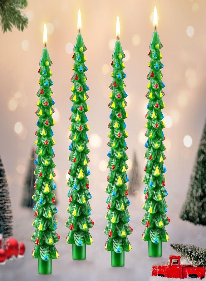 Ceoighe 4 Pack 10 Inch Christmas Tree Candles, Premium Natural Unscented Beeswax Christmas Tree Shaped Taper Candles with Cotton Wick, for Xmas Holiday Decor Party Banquet (Green with Multicolor Trim) - Image 1