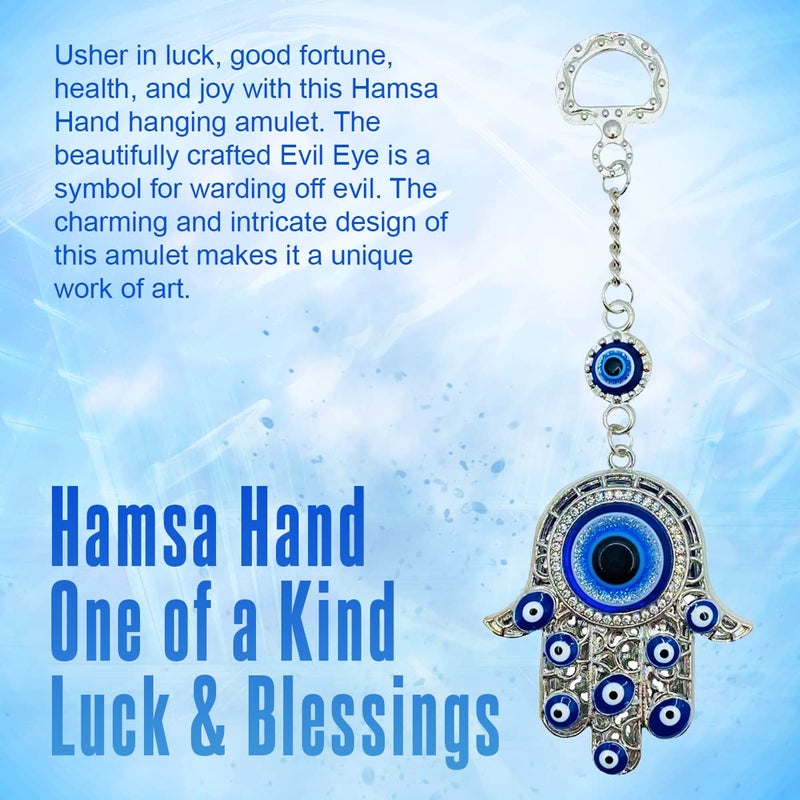 Luckboostium hamsa تميمة يدوية قلادة مع أحجار الراين الكريستالية - أبيض أبيض وأسود شرير للعين الزخرفة - إكسسوارات مرآة المنظر الخلفي - سحر حقيبة جدار الباب (Hamsa الفضي) - Image 2