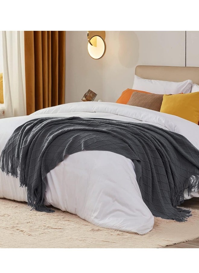 DUNISO - Knitted Throw Blankets, tassel sofa cover blanket, geometric pattern air conditioning blanket, portable and soft, suitable for beds, sofas, travel, camping, 130 * 170cm,grey - Image 1