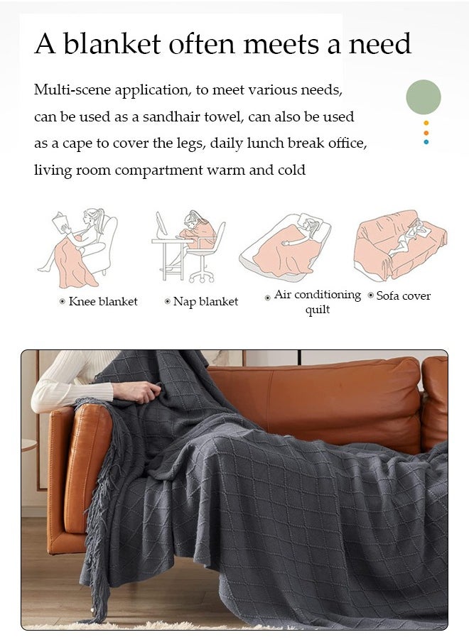 DUNISO - Knitted Throw Blankets, tassel sofa cover blanket, geometric pattern air conditioning blanket, portable and soft, suitable for beds, sofas, travel, camping, 130 * 170cm,grey - Image 1