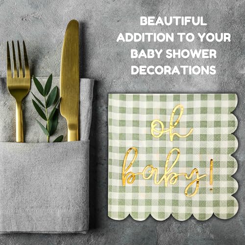 Cloverjoyed 'Oh Baby' Baby Shower Decorations, 50 Pack, Gold Oh Baby Napkins in Plaid Sage Green Pattern, Scalloped Edges, Sage Green Baby Shower Napkins, Neutral Gender Reveal Decorations - Image 5
