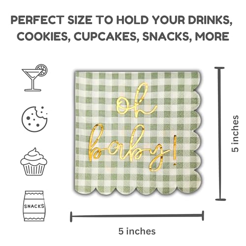 Cloverjoyed 'Oh Baby' Baby Shower Decorations, 50 Pack, Gold Oh Baby Napkins in Plaid Sage Green Pattern, Scalloped Edges, Sage Green Baby Shower Napkins, Neutral Gender Reveal Decorations - Image 4
