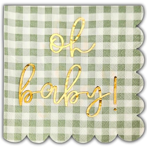 Cloverjoyed 'Oh Baby' Baby Shower Decorations, 50 Pack, Gold Oh Baby Napkins in Plaid Sage Green Pattern, Scalloped Edges, Sage Green Baby Shower Napkins, Neutral Gender Reveal Decorations - Image 1