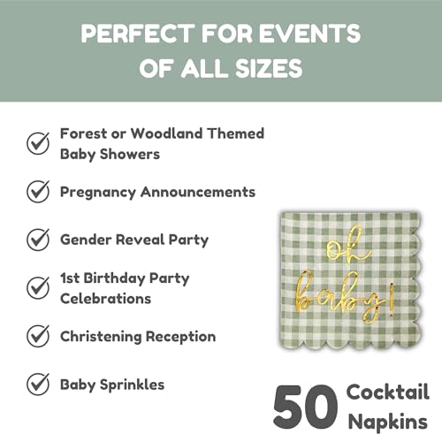 Cloverjoyed 'Oh Baby' Baby Shower Decorations, 50 Pack, Gold Oh Baby Napkins in Plaid Sage Green Pattern, Scalloped Edges, Sage Green Baby Shower Napkins, Neutral Gender Reveal Decorations - Image 2