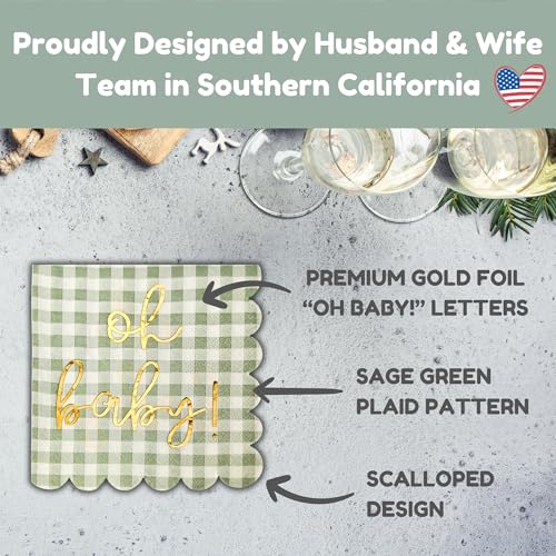 Cloverjoyed 'Oh Baby' Baby Shower Decorations, 50 Pack, Gold Oh Baby Napkins in Plaid Sage Green Pattern, Scalloped Edges, Sage Green Baby Shower Napkins, Neutral Gender Reveal Decorations - Image 3