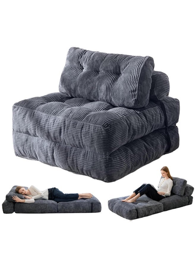 LIODUX 85x85x65CM Modern Folding Sofa Bed, Fold Out Modular Couch, Comfy Small Corduroy Couch, Foldable Mattress with Back Support, Minimalist Boneless Single Floor Lounger for Home Office, Grey - Image 1