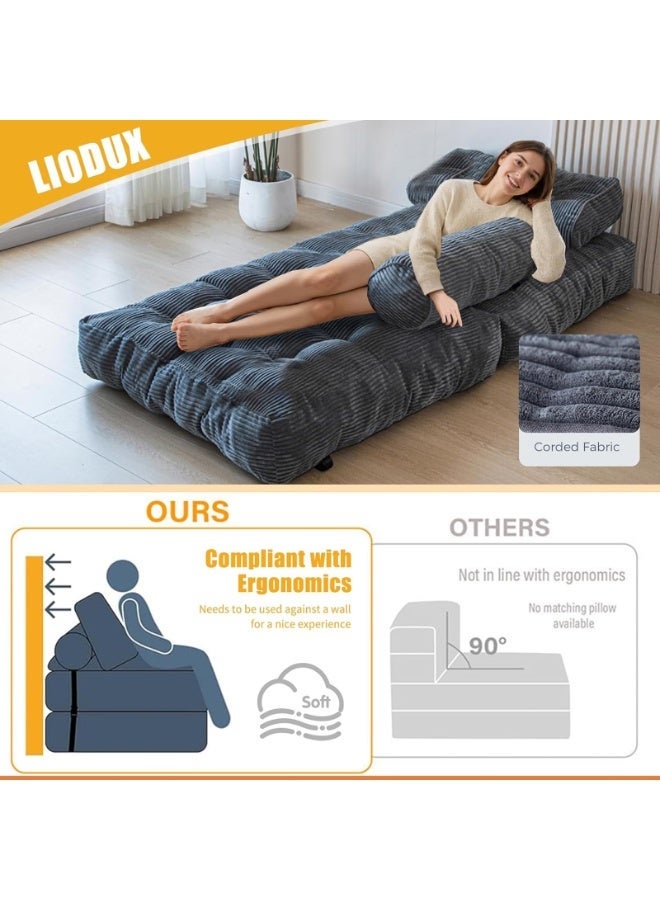 LIODUX 85x85x65CM Modern Folding Sofa Bed, Fold Out Modular Couch, Comfy Small Corduroy Couch, Foldable Mattress with Back Support, Minimalist Boneless Single Floor Lounger for Home Office, Grey - Image 5