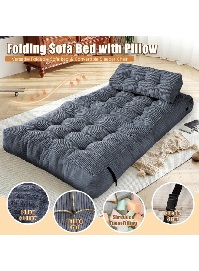 LIODUX 85x85x65CM Modern Folding Sofa Bed, Fold Out Modular Couch, Comfy Small Corduroy Couch, Foldable Mattress with Back Support, Minimalist Boneless Single Floor Lounger for Home Office, Grey - Image 3