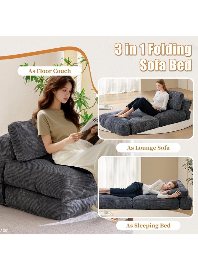 LIODUX 85x85x65CM Modern Folding Sofa Bed, Fold Out Modular Couch, Comfy Small Corduroy Couch, Foldable Mattress with Back Support, Minimalist Boneless Single Floor Lounger for Home Office, Grey - Image 4