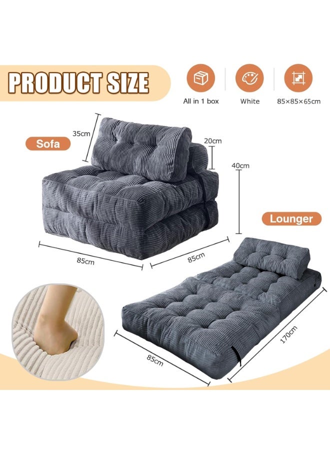 LIODUX 85x85x65CM Modern Folding Sofa Bed, Fold Out Modular Couch, Comfy Small Corduroy Couch, Foldable Mattress with Back Support, Minimalist Boneless Single Floor Lounger for Home Office, Grey - Image 2