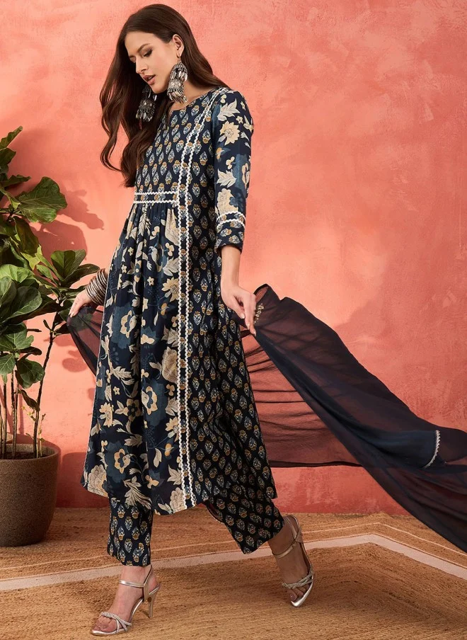 ساسافراس Floral Printed A-Line Kurta Trousers & Dupatta for Women