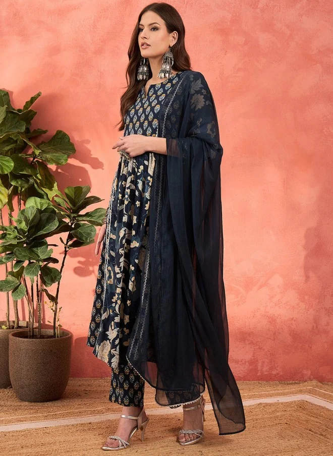ساسافراس Floral Printed A-Line Kurta Trousers & Dupatta for Women