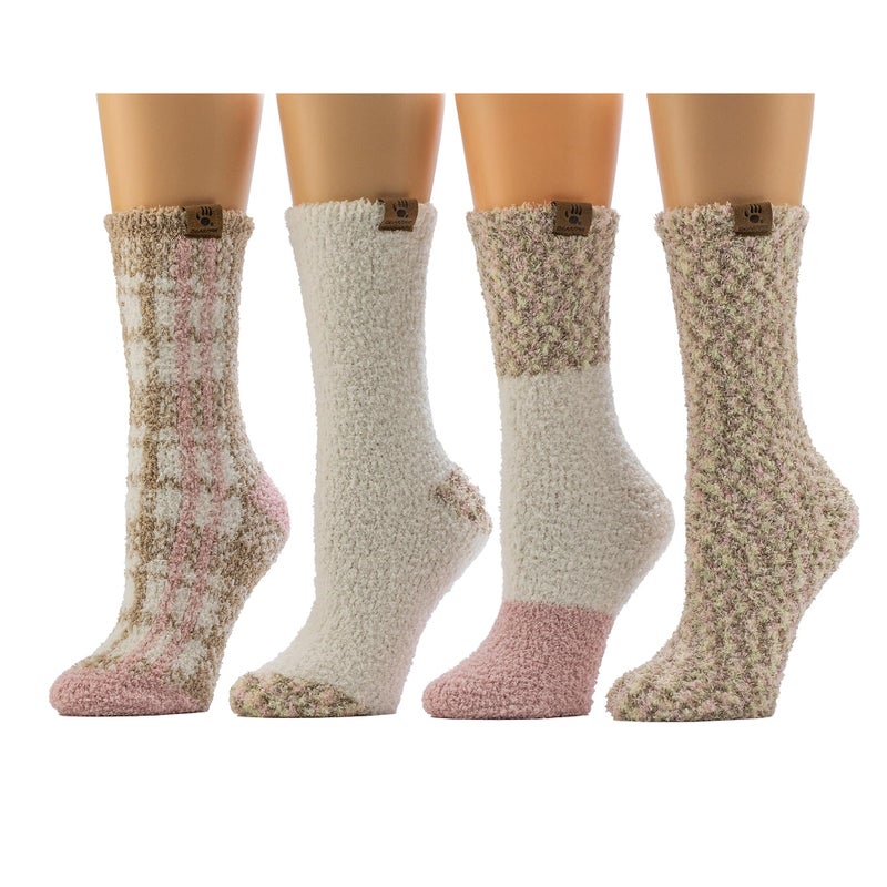 BEARPAW 4 Pair Pack Cozy Super Soft Lounge Socks Multi Pattern Crew Socks, Simply Taupe - Image 1