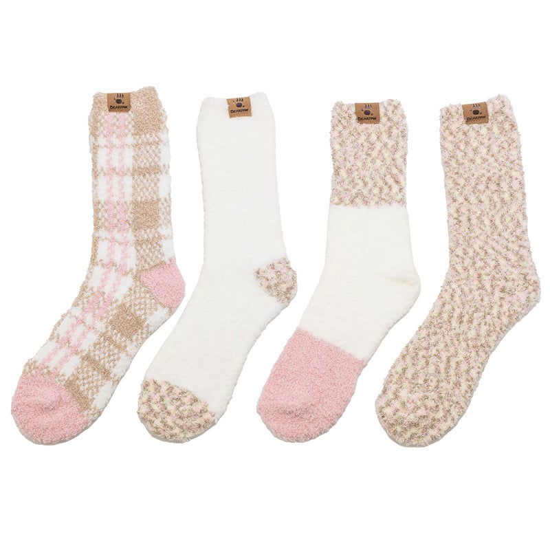 BEARPAW 4 Pair Pack Cozy Super Soft Lounge Socks Multi Pattern Crew Socks, Simply Taupe - Image 5