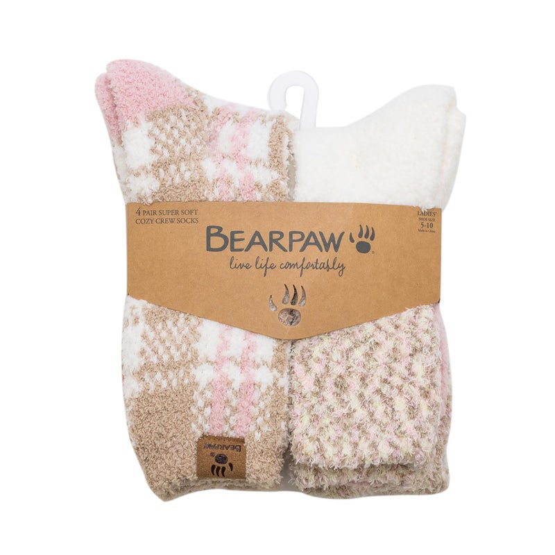 BEARPAW 4 Pair Pack Cozy Super Soft Lounge Socks Multi Pattern Crew Socks, Simply Taupe - Image 4