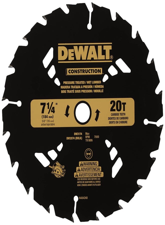 DEWALT 7-1/4" Circular Saw Blade for Pressure Treated and Wet Lumber, ATB, Thin Kerf, 5/8" and Arbor, 20-Tooth (DW3174) , Black - Image 1