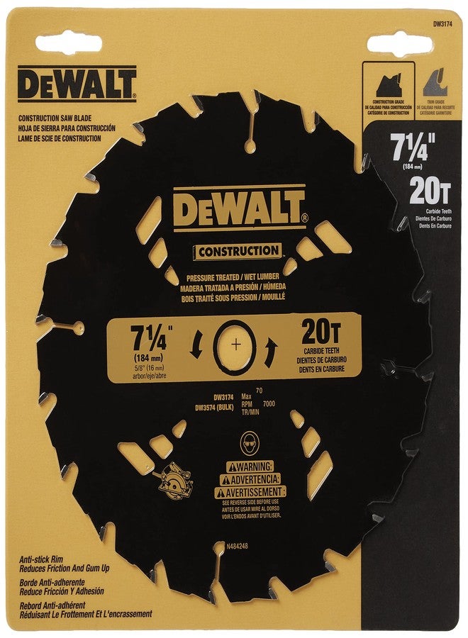 DEWALT 7-1/4" Circular Saw Blade for Pressure Treated and Wet Lumber, ATB, Thin Kerf, 5/8" and Arbor, 20-Tooth (DW3174) , Black - Image 2
