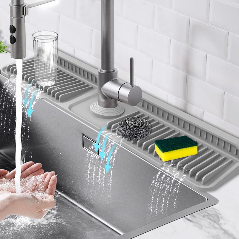 Hugro Tarfive 24-Inch Kitchen Sink Splash Guard Mat | 7Â° Slope for Fast Self-Draining | Snap-Lock Design | Universal & Cuttable Silicone Faucet Mat Gray - Image 1
