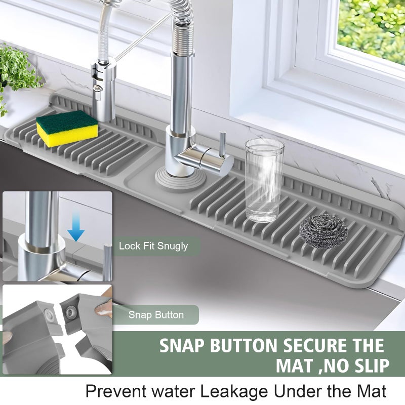Hugro Tarfive 24-Inch Kitchen Sink Splash Guard Mat | 7Â° Slope for Fast Self-Draining | Snap-Lock Design | Universal & Cuttable Silicone Faucet Mat Gray - Image 2