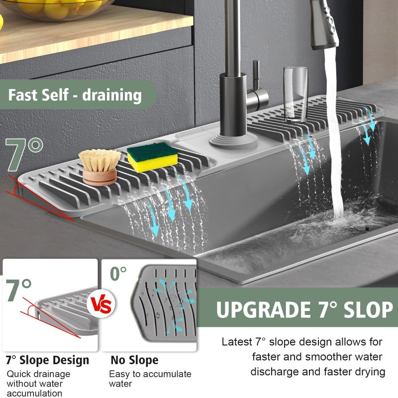 Hugro Tarfive 24-Inch Kitchen Sink Splash Guard Mat | 7Â° Slope for Fast Self-Draining | Snap-Lock Design | Universal & Cuttable Silicone Faucet Mat Gray - Image 4