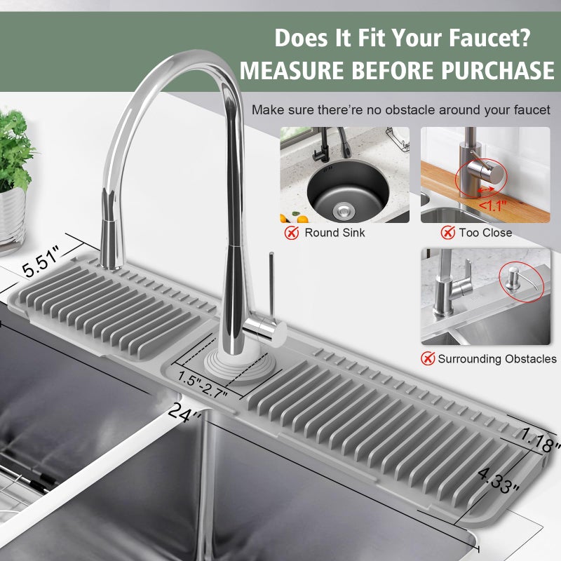 Hugro Tarfive 24-Inch Kitchen Sink Splash Guard Mat | 7Â° Slope for Fast Self-Draining | Snap-Lock Design | Universal & Cuttable Silicone Faucet Mat Gray - Image 3