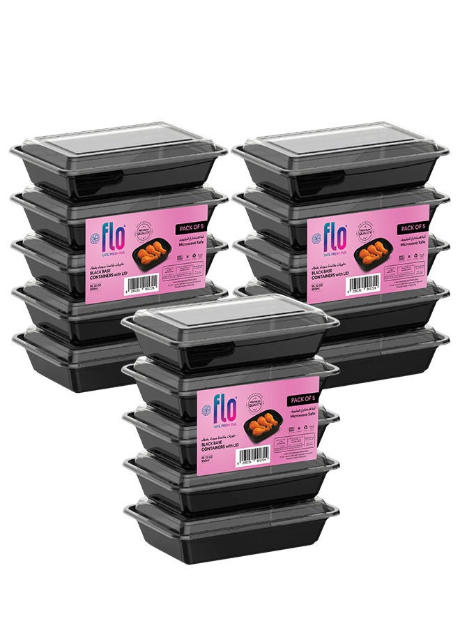 فلو علب طعام مستطيلة الشكل للاستخدام مرة واحدة، مناسبة للميكروويف، مع غطاء، قاعدة سوداء، سعة 950 مل، عبوة من 15 قطعة - Image 1