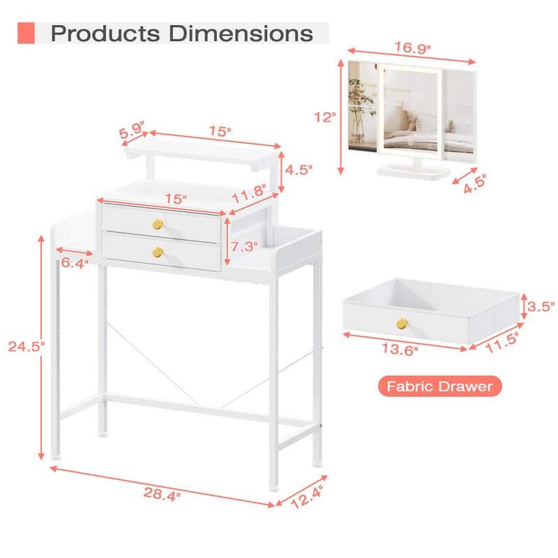 HIGDBFE Vanity Desk with Mirror and Lights, 28.4''W Small Makeup Vanity Table with Height-Adjustable Stand, 2 Fabric Drawers Compact Makeup Desk, Gift for Girls, Bedroom Small Space, White - Image 5
