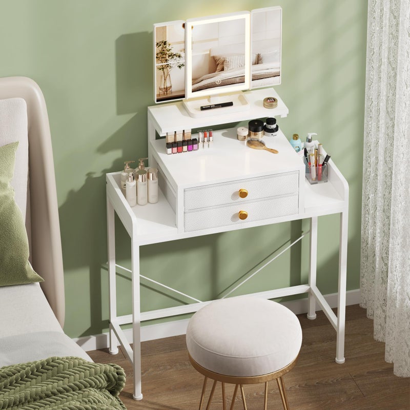 HIGDBFE Vanity Desk with Mirror and Lights, 28.4''W Small Makeup Vanity Table with Height-Adjustable Stand, 2 Fabric Drawers Compact Makeup Desk, Gift for Girls, Bedroom Small Space, White - Image 1