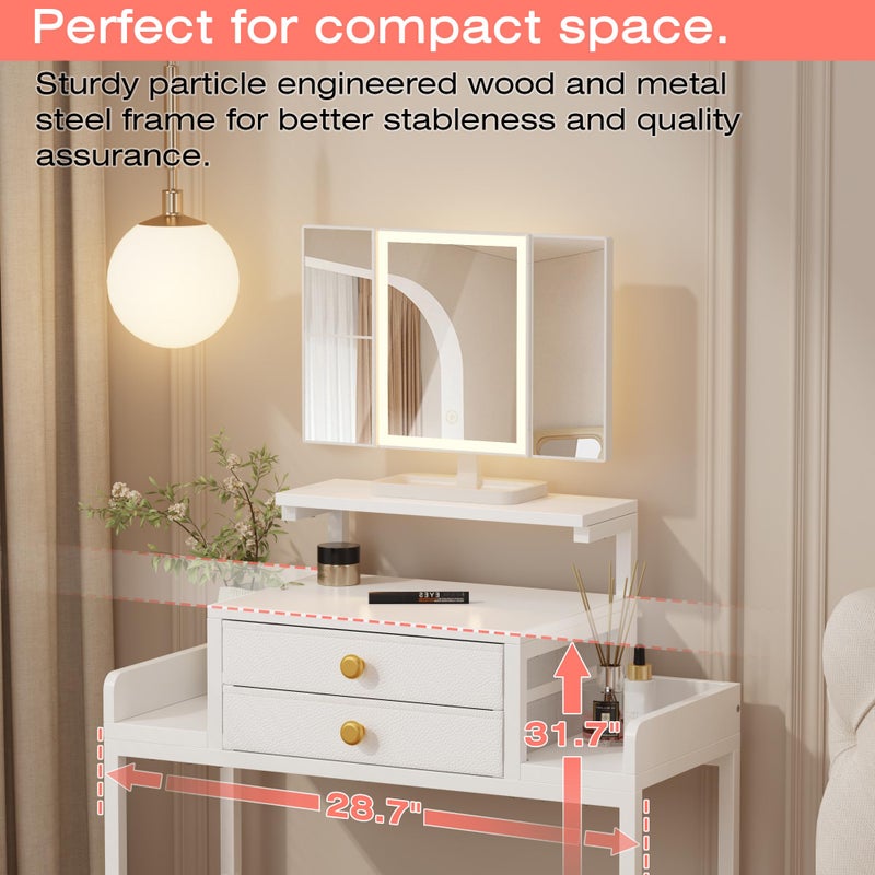 HIGDBFE Vanity Desk with Mirror and Lights, 28.4''W Small Makeup Vanity Table with Height-Adjustable Stand, 2 Fabric Drawers Compact Makeup Desk, Gift for Girls, Bedroom Small Space, White - Image 2