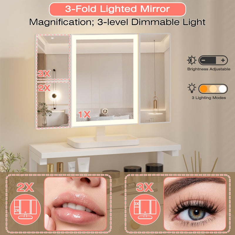 HIGDBFE Vanity Desk with Mirror and Lights, 28.4''W Small Makeup Vanity Table with Height-Adjustable Stand, 2 Fabric Drawers Compact Makeup Desk, Gift for Girls, Bedroom Small Space, White - Image 3
