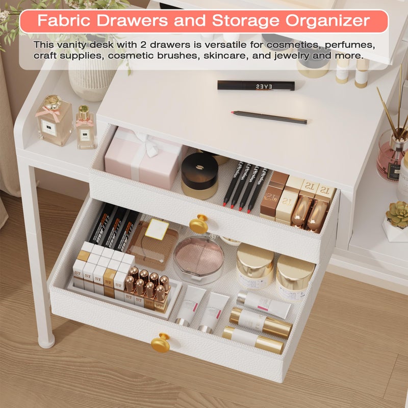 HIGDBFE Vanity Desk with Mirror and Lights, 28.4''W Small Makeup Vanity Table with Height-Adjustable Stand, 2 Fabric Drawers Compact Makeup Desk, Gift for Girls, Bedroom Small Space, White - Image 4