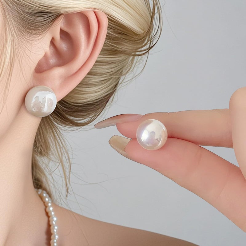 Sanglarst 4 Pairs Pearl Stud Earrings 14K Plated Gold Sterling Silver Hypoallergenic Earring stud Flat Round Large size pearl 8mm-14mm Set Earrings for women - Image 5