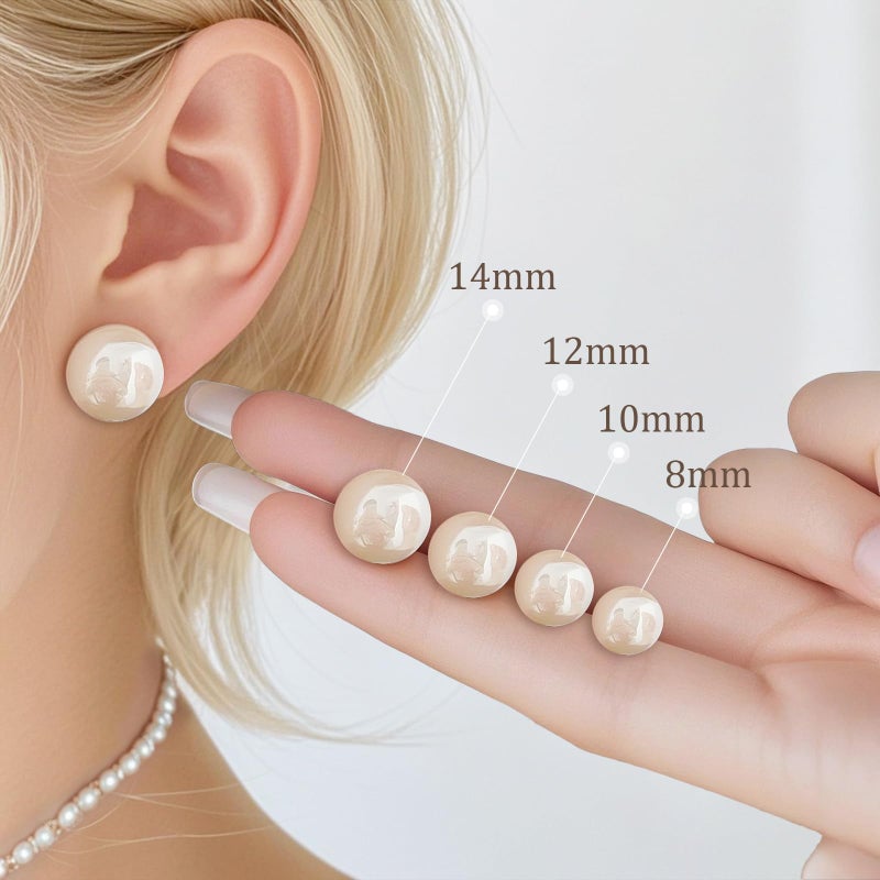 Sanglarst 4 Pairs Pearl Stud Earrings 14K Plated Gold Sterling Silver Hypoallergenic Earring stud Flat Round Large size pearl 8mm-14mm Set Earrings for women - Image 3