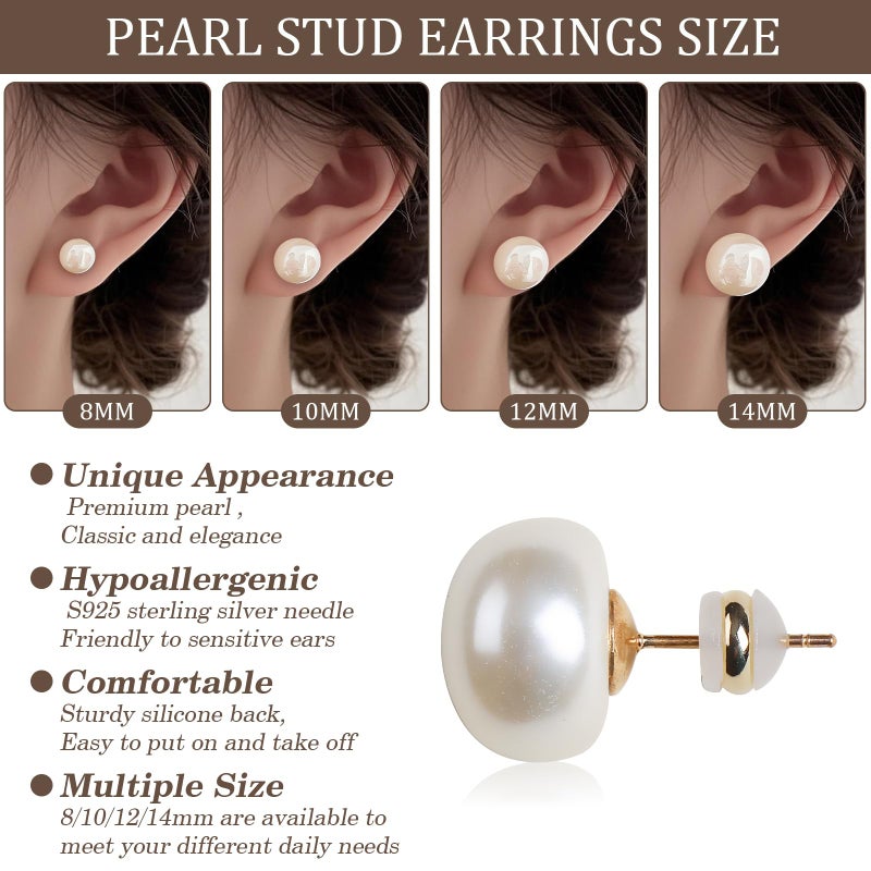 Sanglarst 4 Pairs Pearl Stud Earrings 14K Plated Gold Sterling Silver Hypoallergenic Earring stud Flat Round Large size pearl 8mm-14mm Set Earrings for women - Image 2