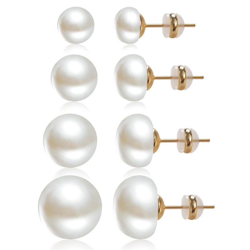 Sanglarst 4 Pairs Pearl Stud Earrings 14K Plated Gold Sterling Silver Hypoallergenic Earring stud Flat Round Large size pearl 8mm-14mm Set Earrings for women - Image 1