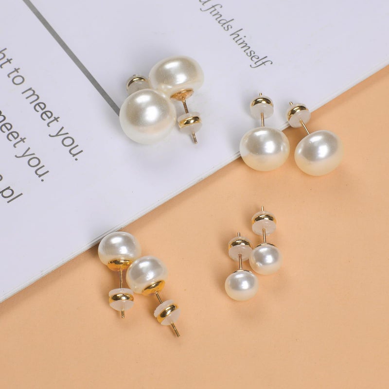 Sanglarst 4 Pairs Pearl Stud Earrings 14K Plated Gold Sterling Silver Hypoallergenic Earring stud Flat Round Large size pearl 8mm-14mm Set Earrings for women - Image 4