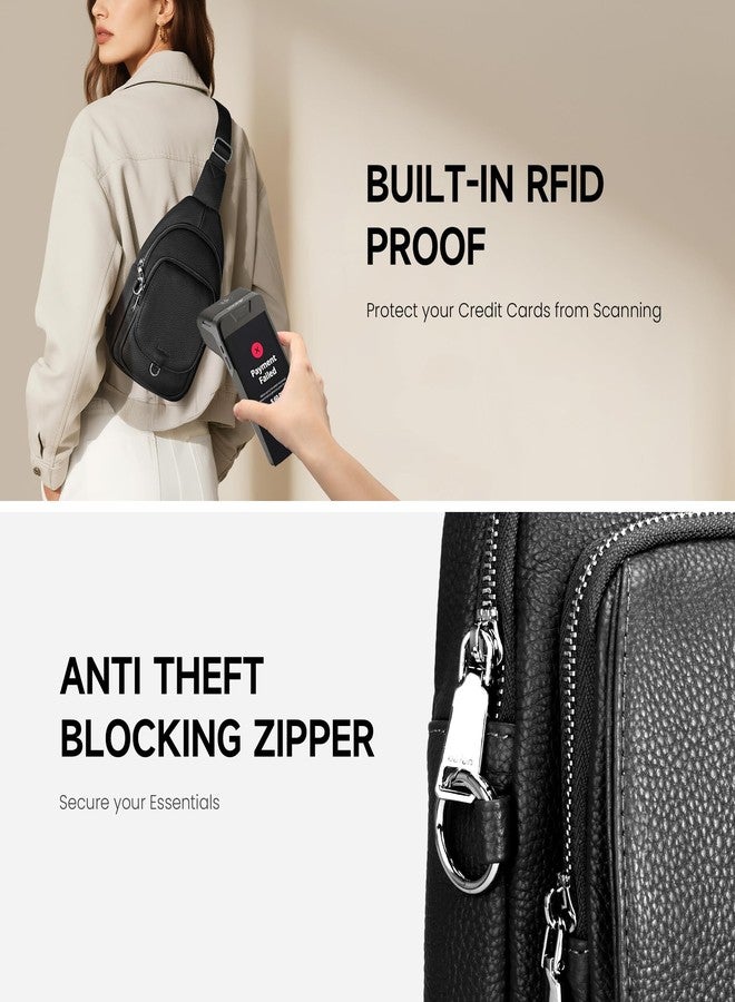 befen Anti Theft Genuine Leather Sling Bag for Women Black Leather Crossbody Fanny Packs with RFID Blocking Card Slots Soft Chest Bag with Adjuatable Strap Ladies Crossbody Purse for Travel - Image 3