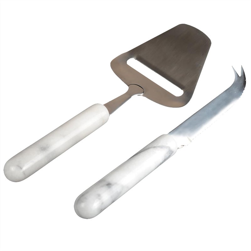 Creative Home Genuine Marble 2 Piece Serving Set with Solid Marble Handle Includes Stainless Steel Cutter Slicer and Cheese Knife 3 W x 9 L OffWhite - Image 1