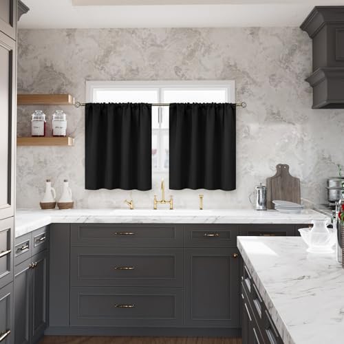 BGment Small Kitchen Window Curtains 30 Inch Length Black Half Drapes with Rod Pocket Darkening Blinds Privacy for RV Cafe Bathroom Windows Over Sink 2 Panels 29 x 30 Inch