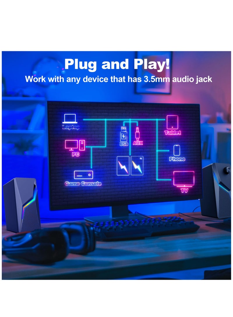 Excefore Computer Speakers, PC Gaming Speakerswith Enhanced Bass and Volume Control, Stereo 2.0 USB Powered 3.5mm AuxMultimedia Speakers for Laptop Desktop Tablets Phone - Image 5