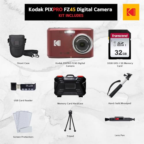Photo4Less Kodak PIXPRO FZ45 Digital Camera + 32GB Memory Card + Point and Shoot Camera Case + Extendable Monopod + Lens Cleaning Pen + LCD Screen Protectors + Table Top Tripod Ultimate Bundle (Red) - Image 2