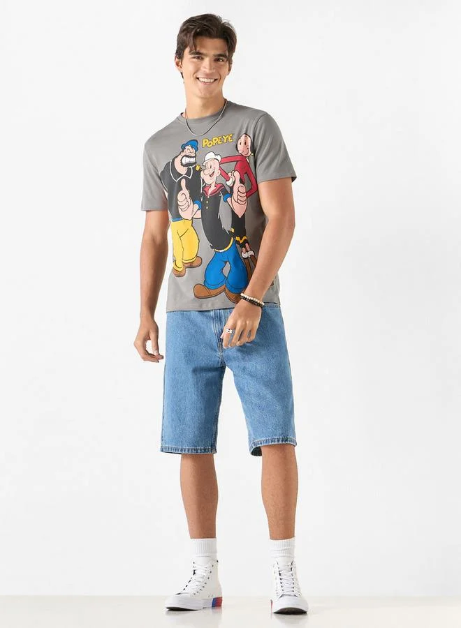 اس بي كاركترز تيشيرت بياقة ضيقة وأكمام قصيرة وطبعات باباي