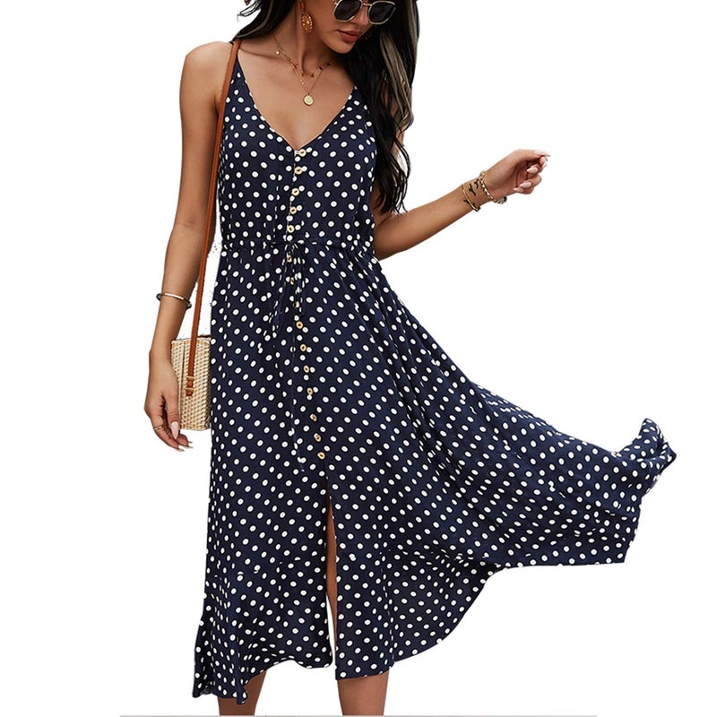 BROVAVE Women's 2025 Summer Casual Boho Sundress Polka Dot Spaghetti Strap V Neck Flowy Midi Dresses(008 Navy, Medium) - Image 1