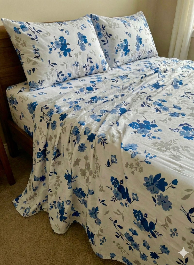 Yarlin-Bed Set (Flat Bedsheet for 200 cm beds and 2 Small Pillowcases (Blue Flora) Design