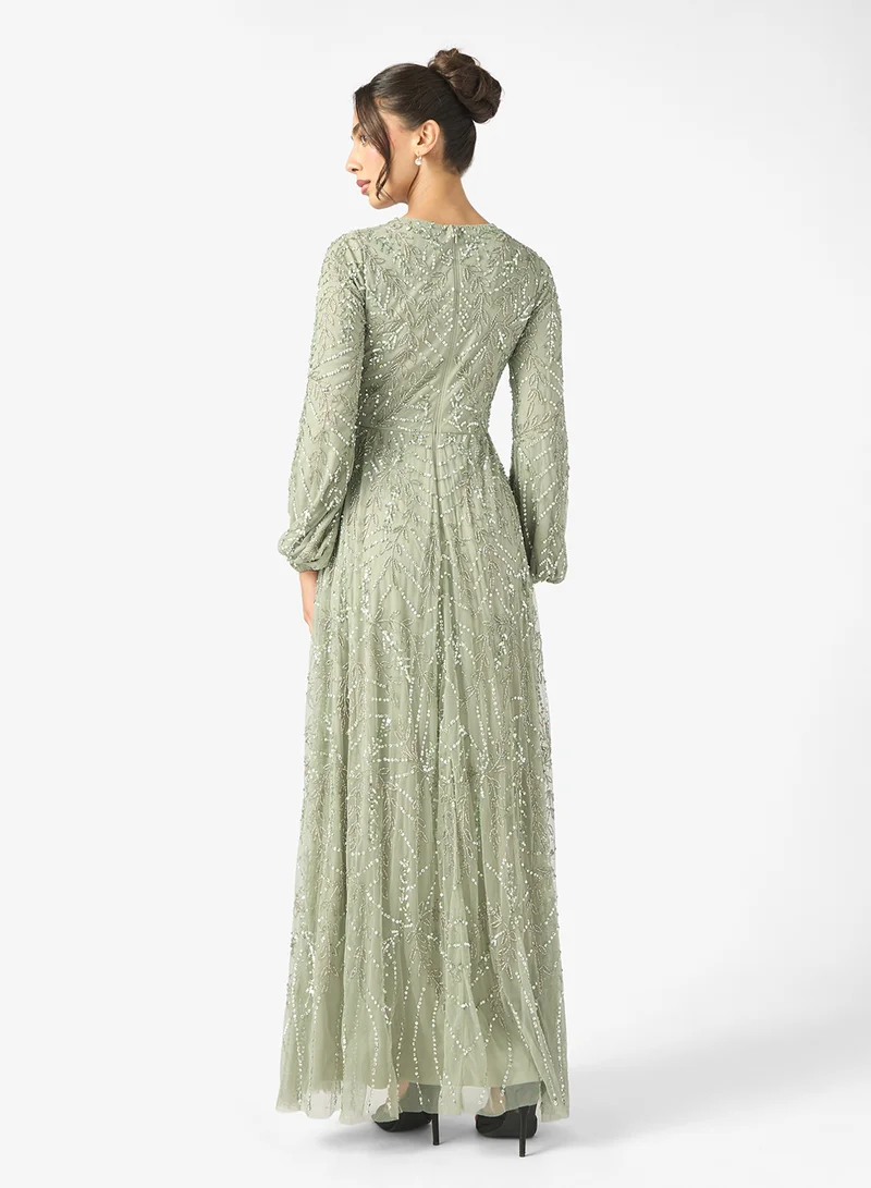 ماري Nyla Modest Embellished Sequin Puff Sleeve Maxi Dress
