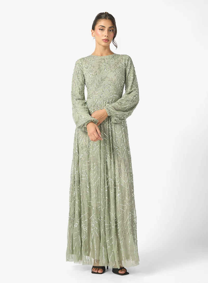 ماري Nyla Modest Embellished Sequin Puff Sleeve Maxi Dress
