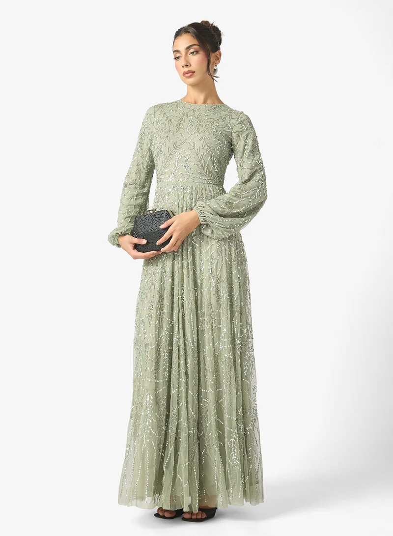 ماري Nyla Modest Embellished Sequin Puff Sleeve Maxi Dress