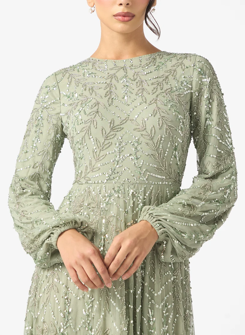 ماري Nyla Modest Embellished Sequin Puff Sleeve Maxi Dress