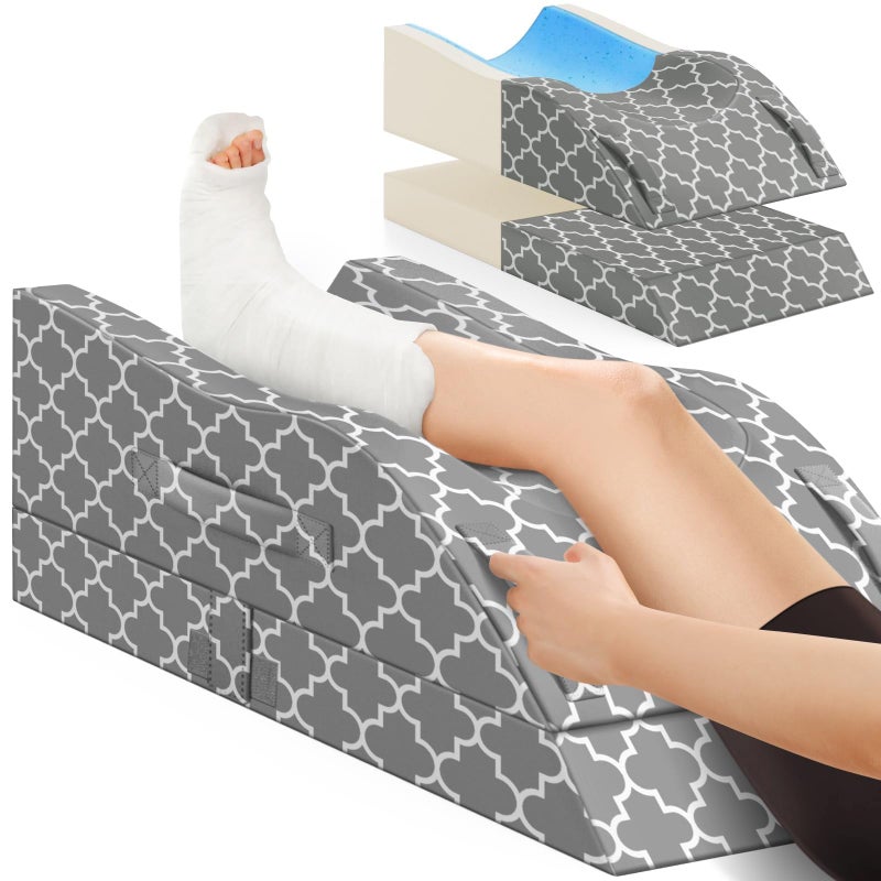 CloudBliss Leg Elevation Pillow for After Surgery, Adjustable Height Memory Foam Wedge Pillow with Cooling Ice Silk Cover, Ergonomic Leg Support for Knee, Comfort Care for Blood Circulation, Grey - Image 1