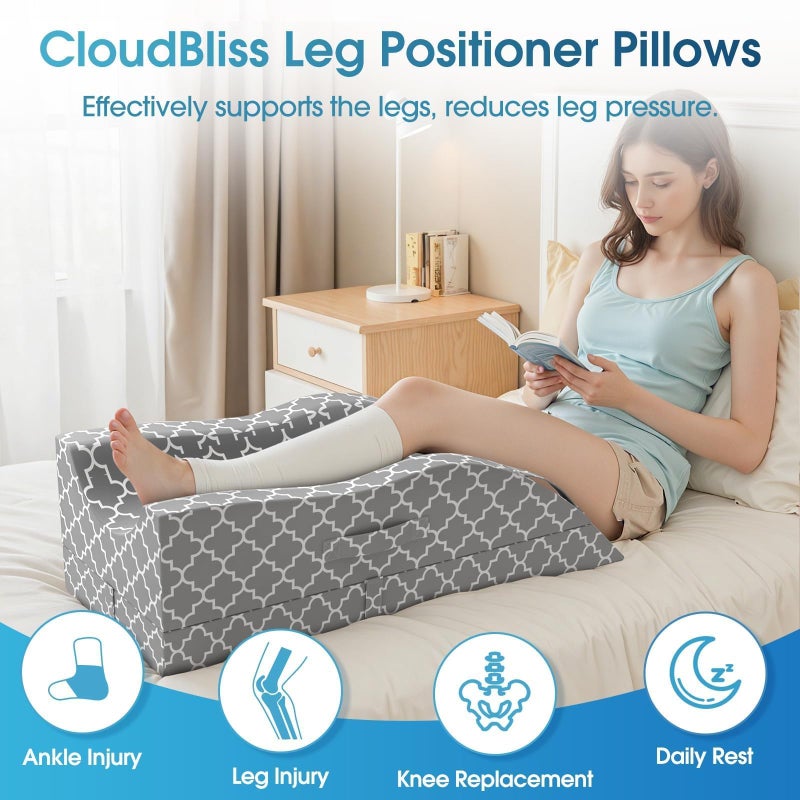 CloudBliss Leg Elevation Pillow for After Surgery, Adjustable Height Memory Foam Wedge Pillow with Cooling Ice Silk Cover, Ergonomic Leg Support for Knee, Comfort Care for Blood Circulation, Grey - Image 2